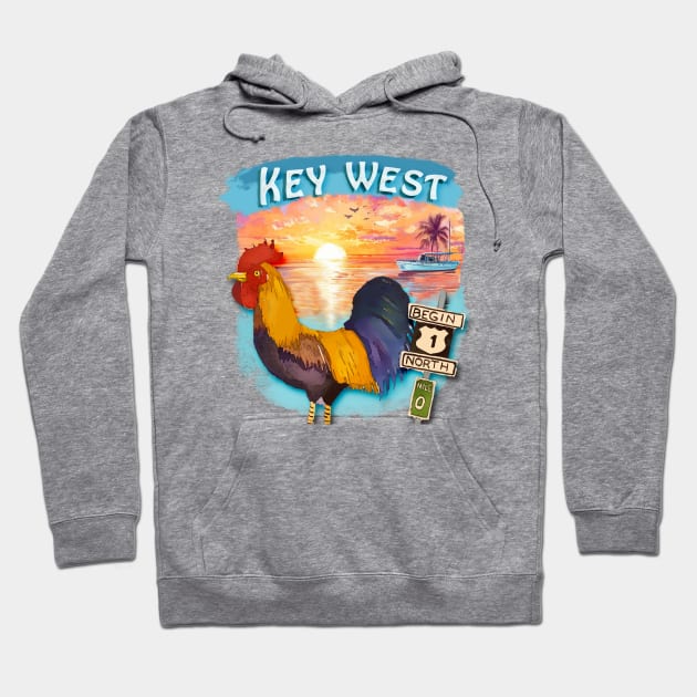 Key West Rooster and Mile Marker 0 - WelshDesigns Hoodie by WelshDesigns